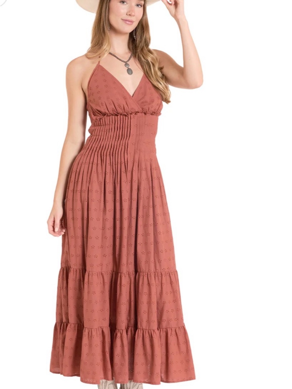 Rock & Roll Cowgirl Rust Eyelet Halter Maxi Dress